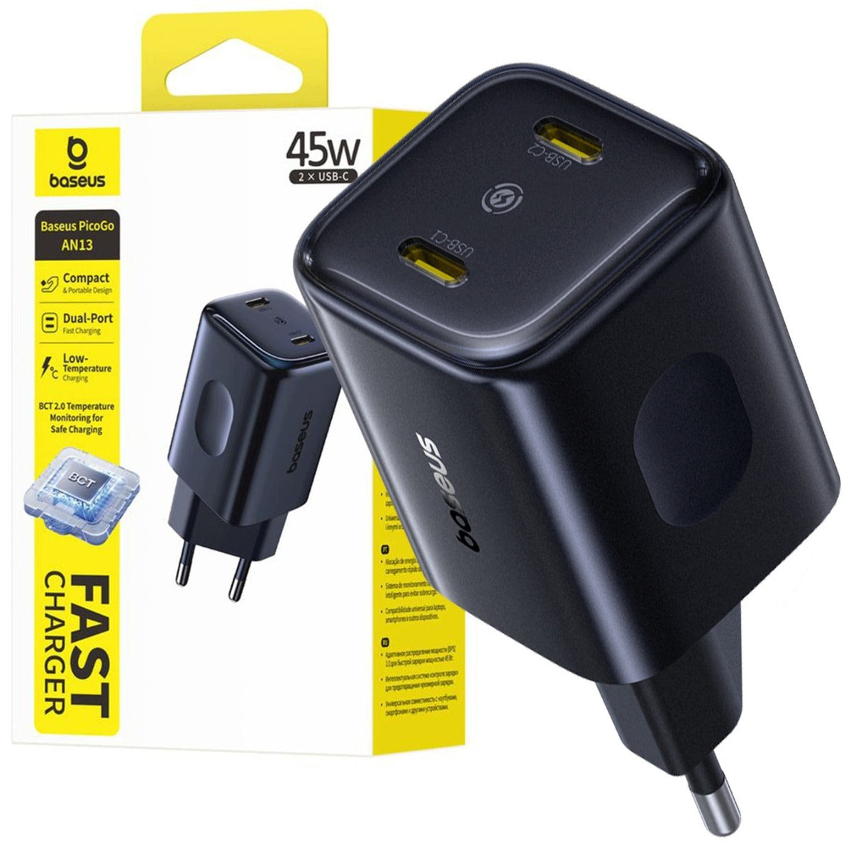 Baseus PicoGo AN13 Fast Charger 45W Dual USB-C EU Cosmic Black E0121F00