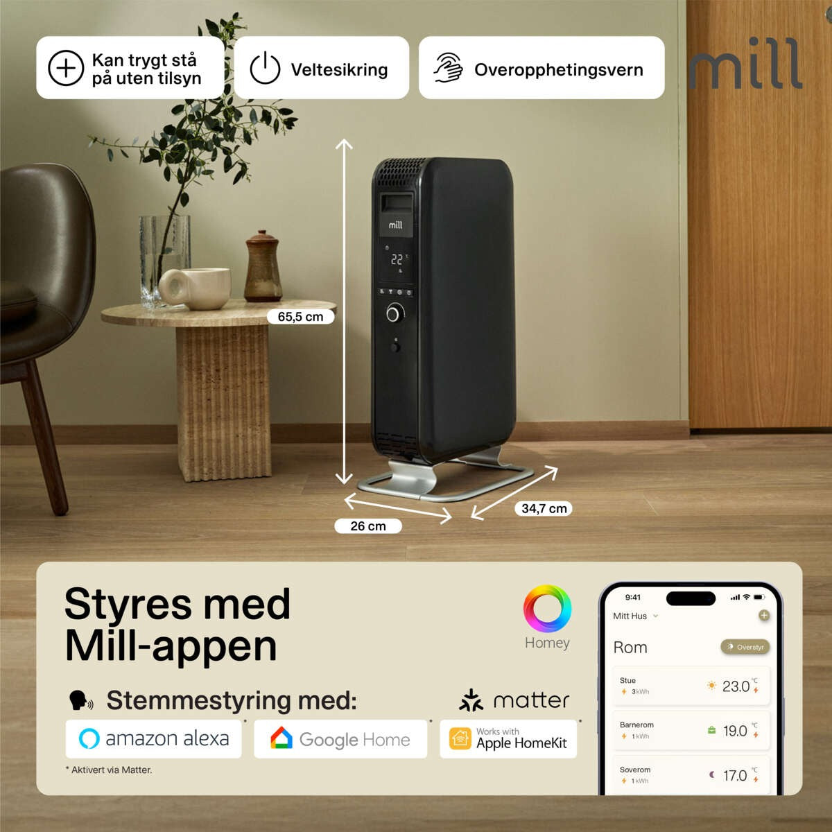 Mill | Heater | OIL1500WIFI3 Gentle Air | Oil Filled Radiator | 1500 W | Suitable for rooms up to 22 m2 | Black