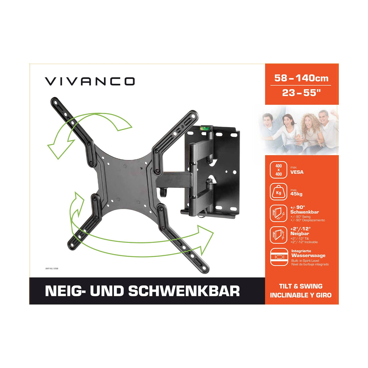 Vivanco Wall Mount for Flat Screen TVs, 23-55 inches, Max Load 45 kg, VESA 400 (VVTVFMOR55INCH45KG)