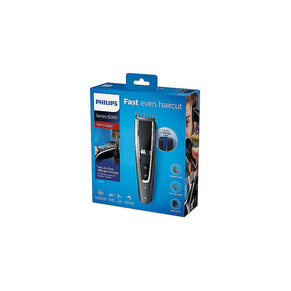 Philips Series 5000 HC5650/15 Hair Clipper with Stainless Steel Blades, 28 Length Settings, 90 Minutes of Cordless Use, Includes 3 Combs, Instructions and Travel
