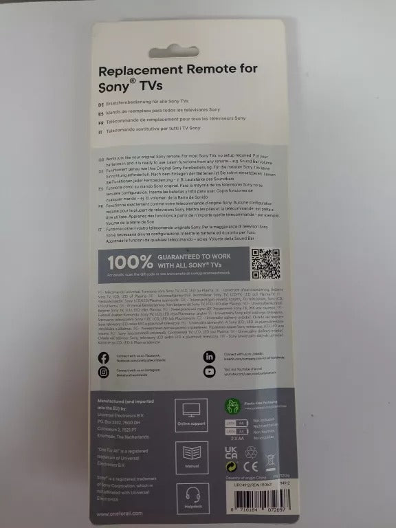 Universal One for All Remote Control for Sony TVs - URC4912