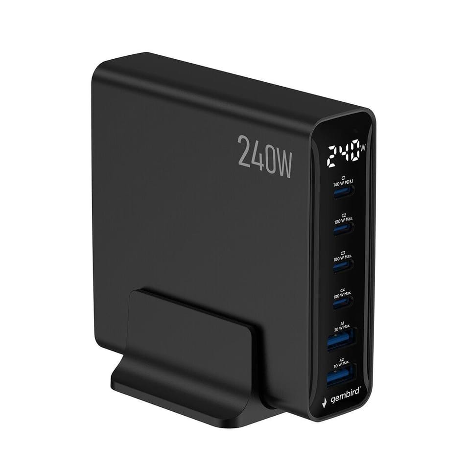 GEMBIRD TA-UC-2A4C-PD240-01-BK Black Network Charger 6 USB Ports 240W