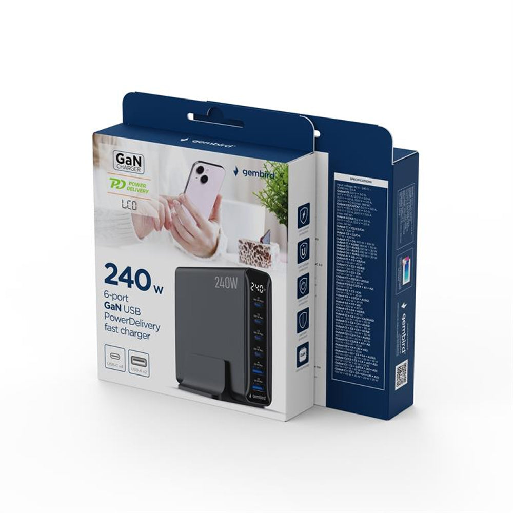 GEMBIRD TA-UC-2A4C-PD240-01-BK Black Network Charger 6 USB Ports 240W