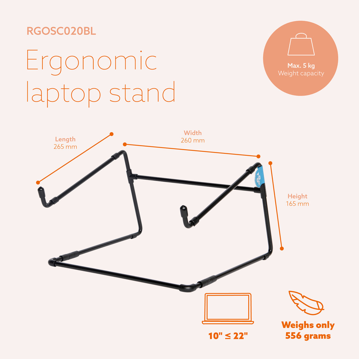 R-Go Laptop Stand 10-22 inch Max 5 KG Steel Black RGOSC020BL Max.5KG