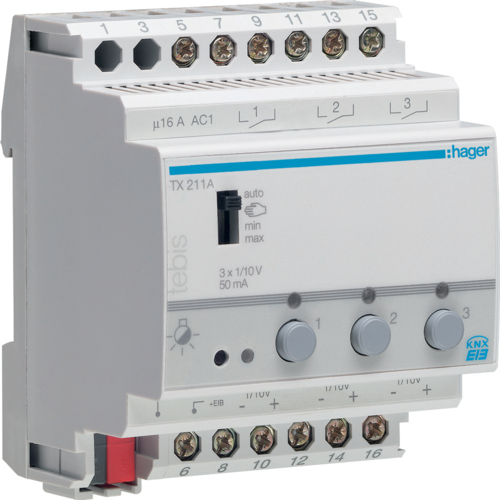 Hager TX211A 3-Channel Switch/Dimming Actuator 1-10V