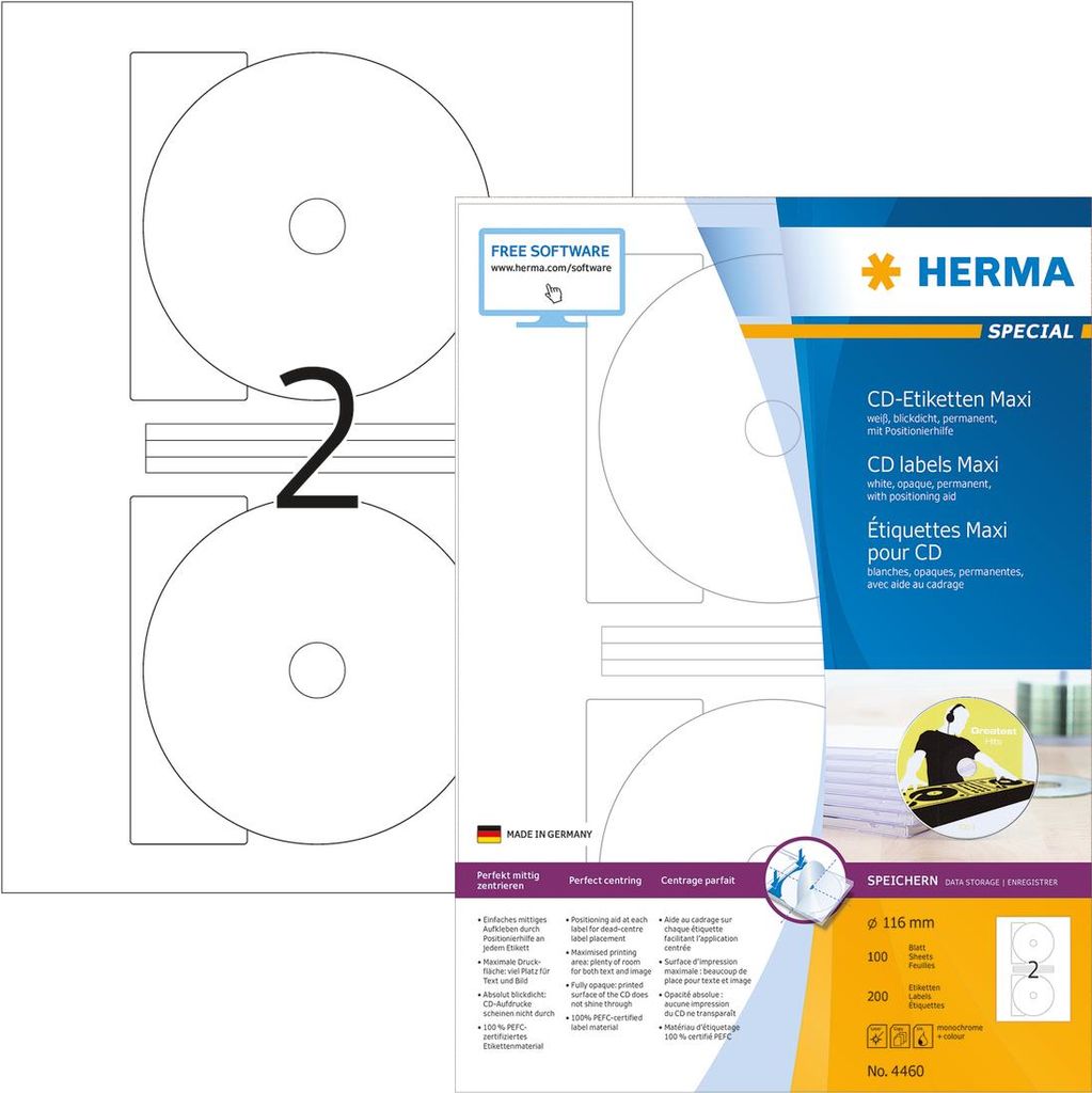 HERMA CD Labels Maxi A4 White 116 mm Paper Opaque 200 Sheets