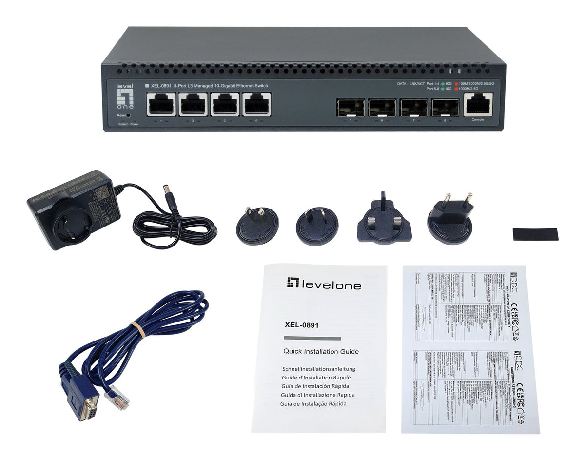 LevelOne 8-Port L3 Managed 10-Gigabit Switch, 4 x 1 G/2.5 G/5 G/10 G RJ45, 4 x 1 G/2.5 G/10 G SFP+ Uplinks, Model 569797