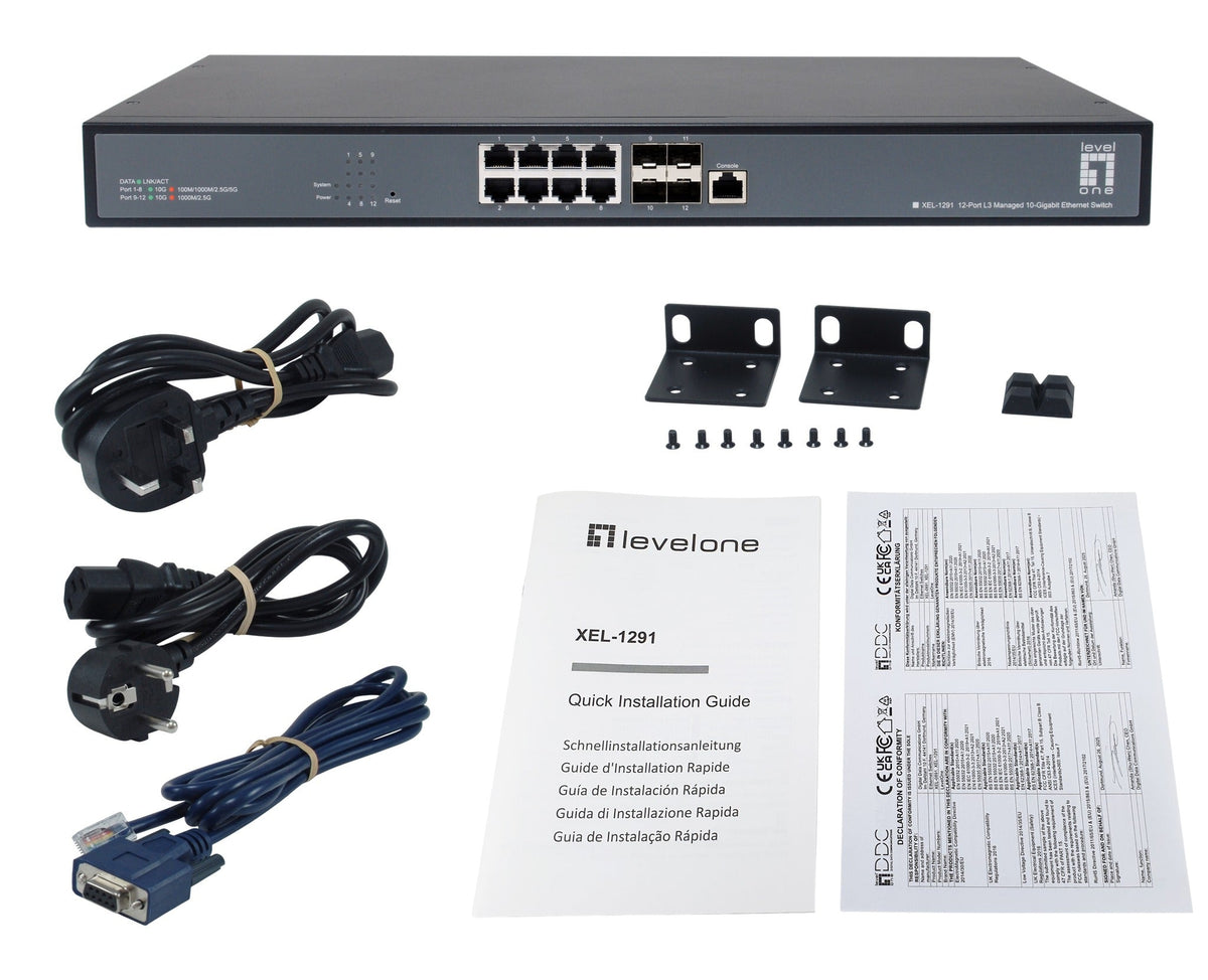 LevelOne 12-Port L3 Managed 10-Gigabit Switch, 8 x 1 G/2.5 G/5 G/10 G RJ45, 4 x 1 G/2.5 G/10 G SFP+ Uplinks, Model 569821
