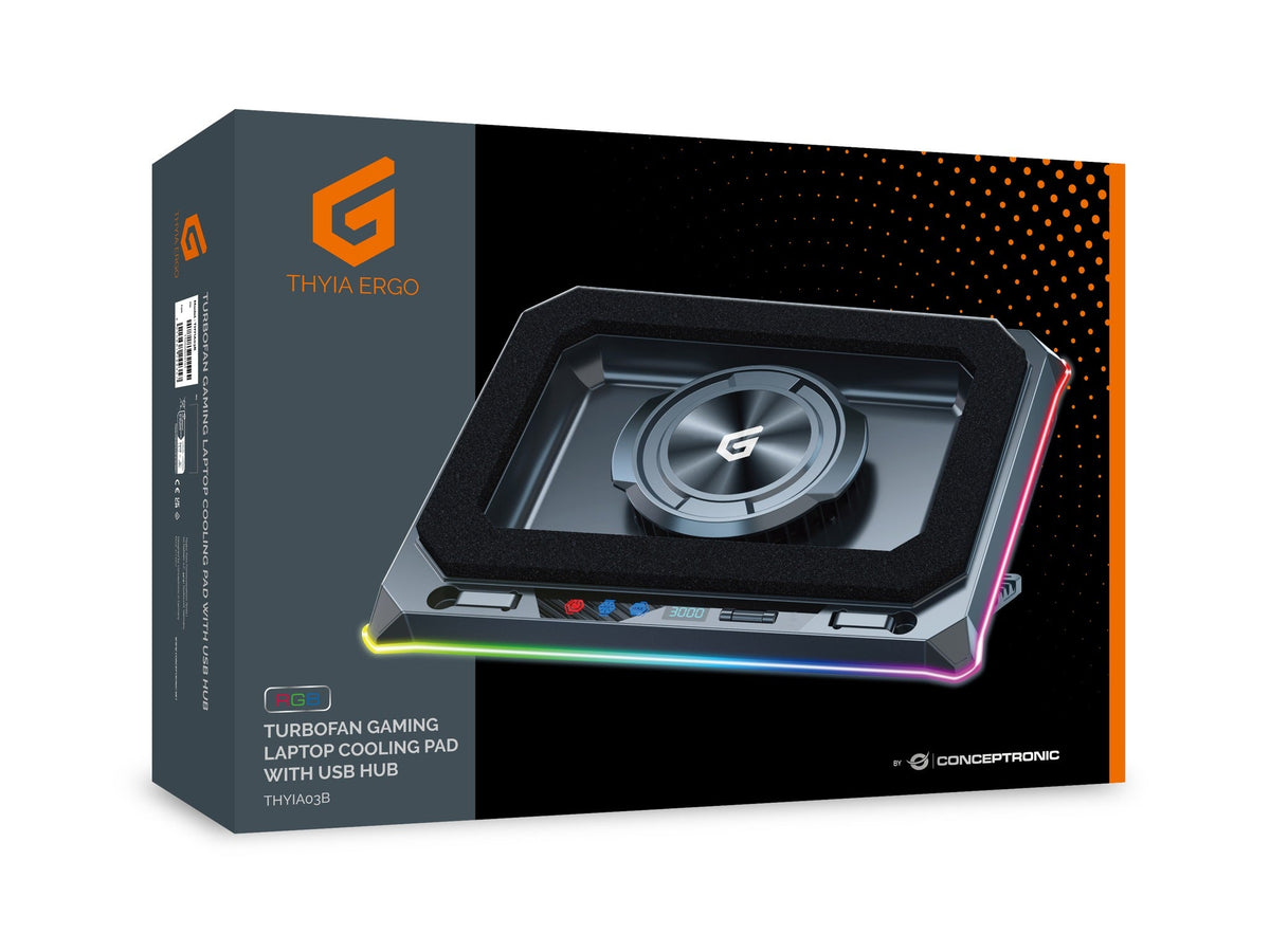 Conceptronic THYIA03B Turbofan Gaming Laptop Cooling Pad with USB Hub, RGB, Mobile Holder