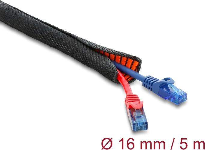 Delock Cable Protection Sleeve, Self-Closing, Double-Layer, 5 m x 16 mm, Black, 19021