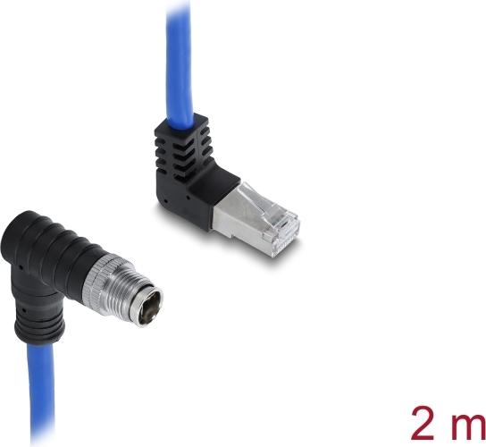 Delock M12 Cable X-coded 8 Pin Downward Angle Plug to RJ45 Plug Upward Angle S/FTP Shielded 2 m Blue (81012)