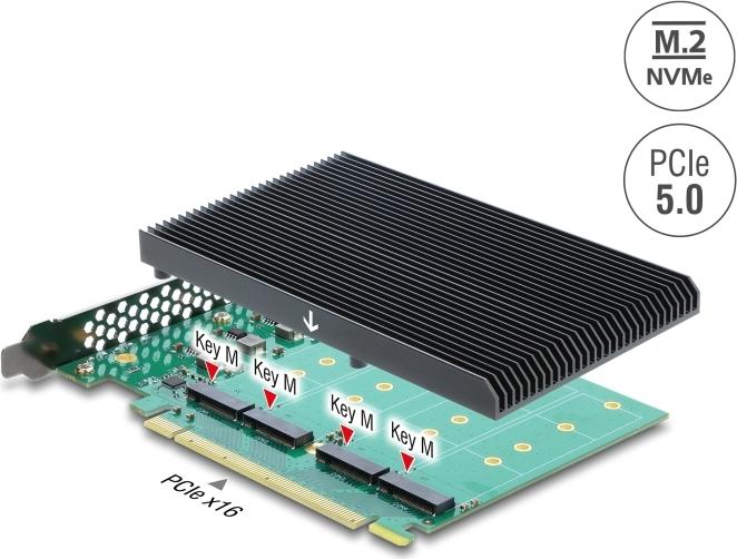 Delock PCI Express 5.0 x16 Card to 4 x Internal NVMe M.2 Key M with Heatsink - 90709