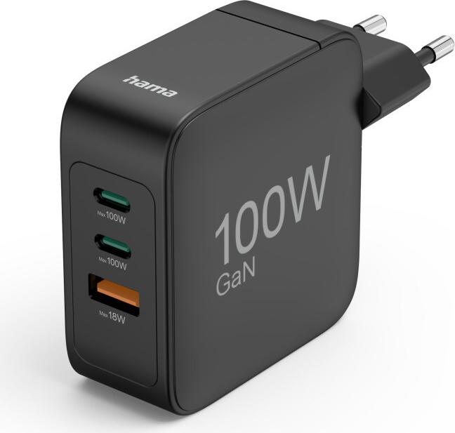 Hama Fast Charger, GaN, 2x USB-C, 1x USB-A, PD, 100 W, Black 00201962