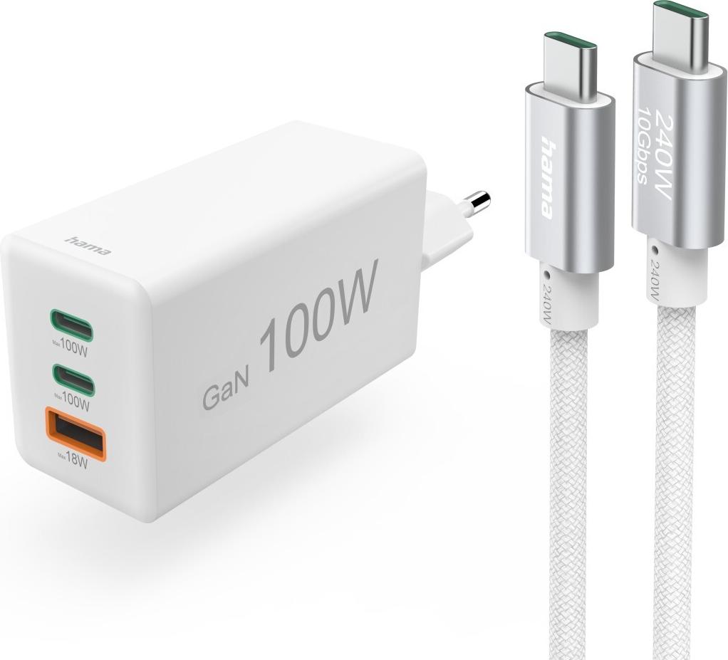 Hama Fast Charger with USB-C Cable for Laptop - PD - 100 W - 1.5 m - White - Model 00200027