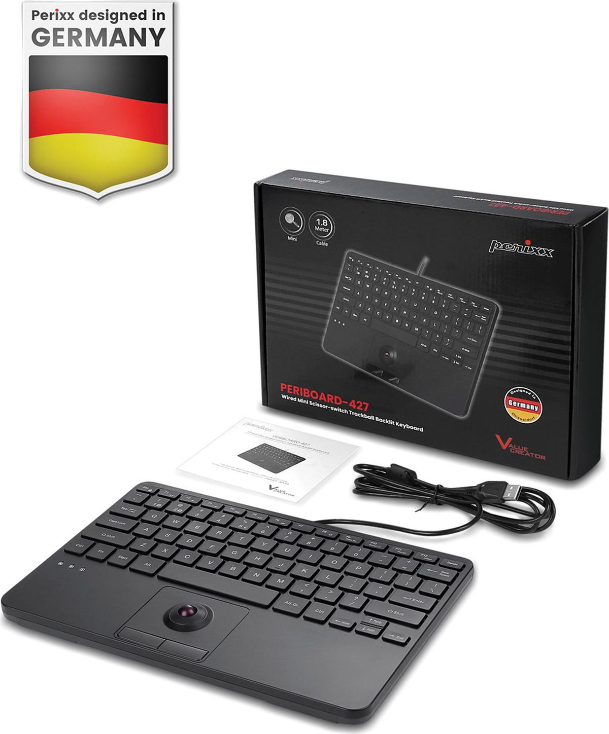 Perixx PERIBOARD-427 H DE USB Mini Keyboard with Trackball and Backlight