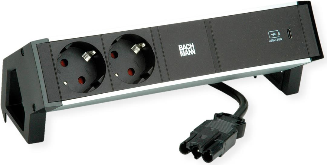 Bachmann DESK2 ALU BLACK Power Socket Unit with USB C 60W Charger 937.303
