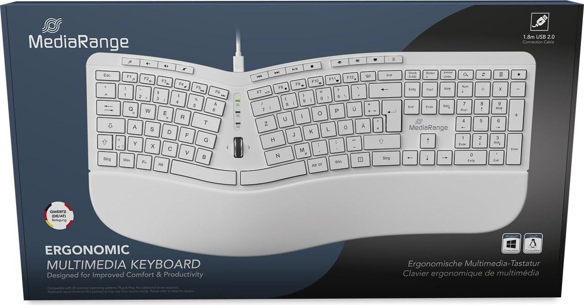 MediaRange - Ergonomic Keyboard - White - Wired - 124 Keys - DE - MROS272 wired/124