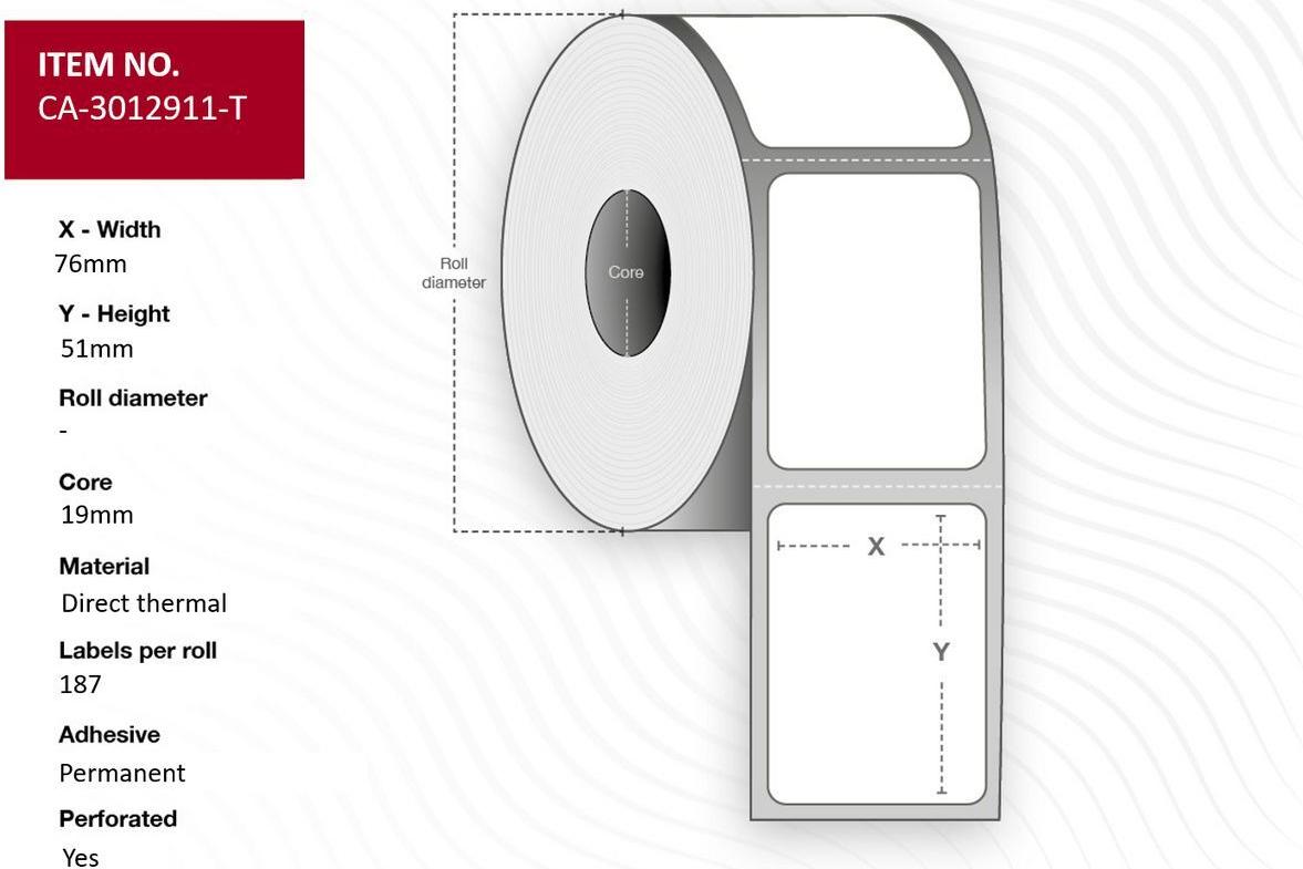 Capture Labels 76 x 51 mm, Core 19 mm, Direct Adhesive, Uncoated, Perforated, 187 Labels (CA-3012911-T)