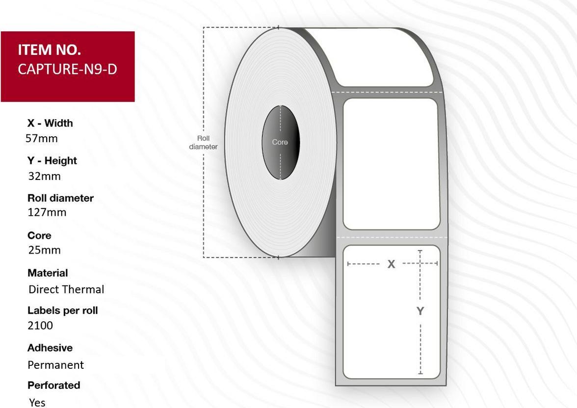 Capture Label 57x32mm, Core 25 mm, 2100 labels per roll, 12 rolls per box (CAPTURE-N9-D)