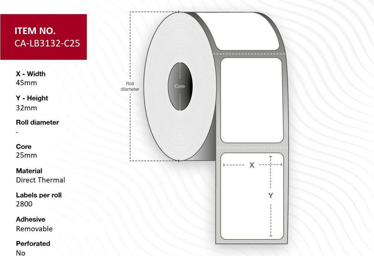 Capture Label 45 x 32 mm, Core 25 mm, Permanent Adhesive, 2800 Labels per Roll (CA-LB3132-C25)