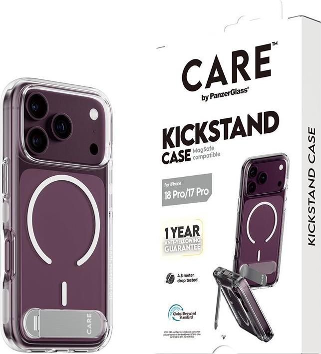PanzerGlass CARE Kickstand Case Transparent with White MagSafe for iPhone 18 Pro/17 Pro (CR28303)