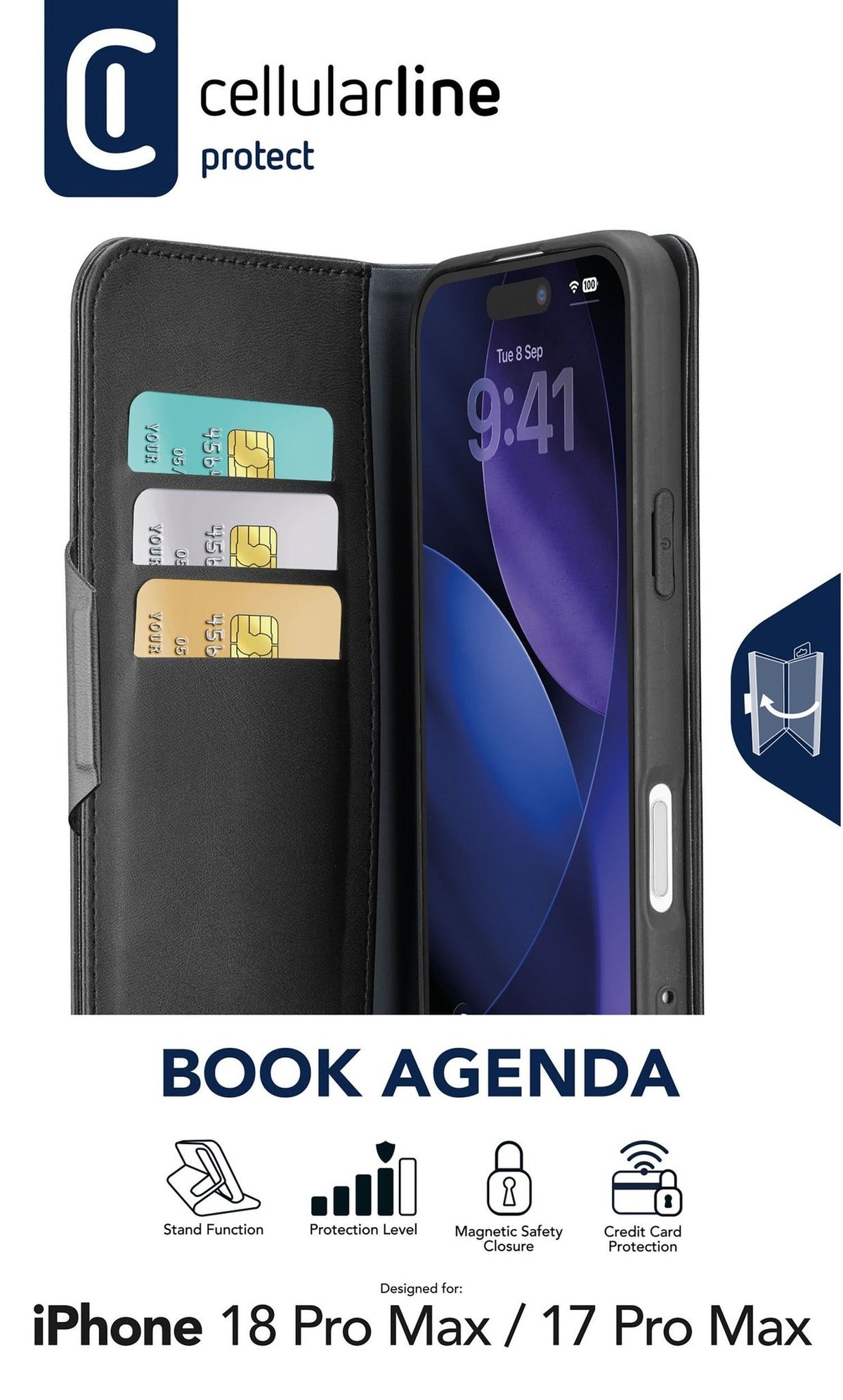 Cellularline Book Agenda 2 Case for iPhone 18 Pro Max Black (BOOKAG2IPH18PRMK)