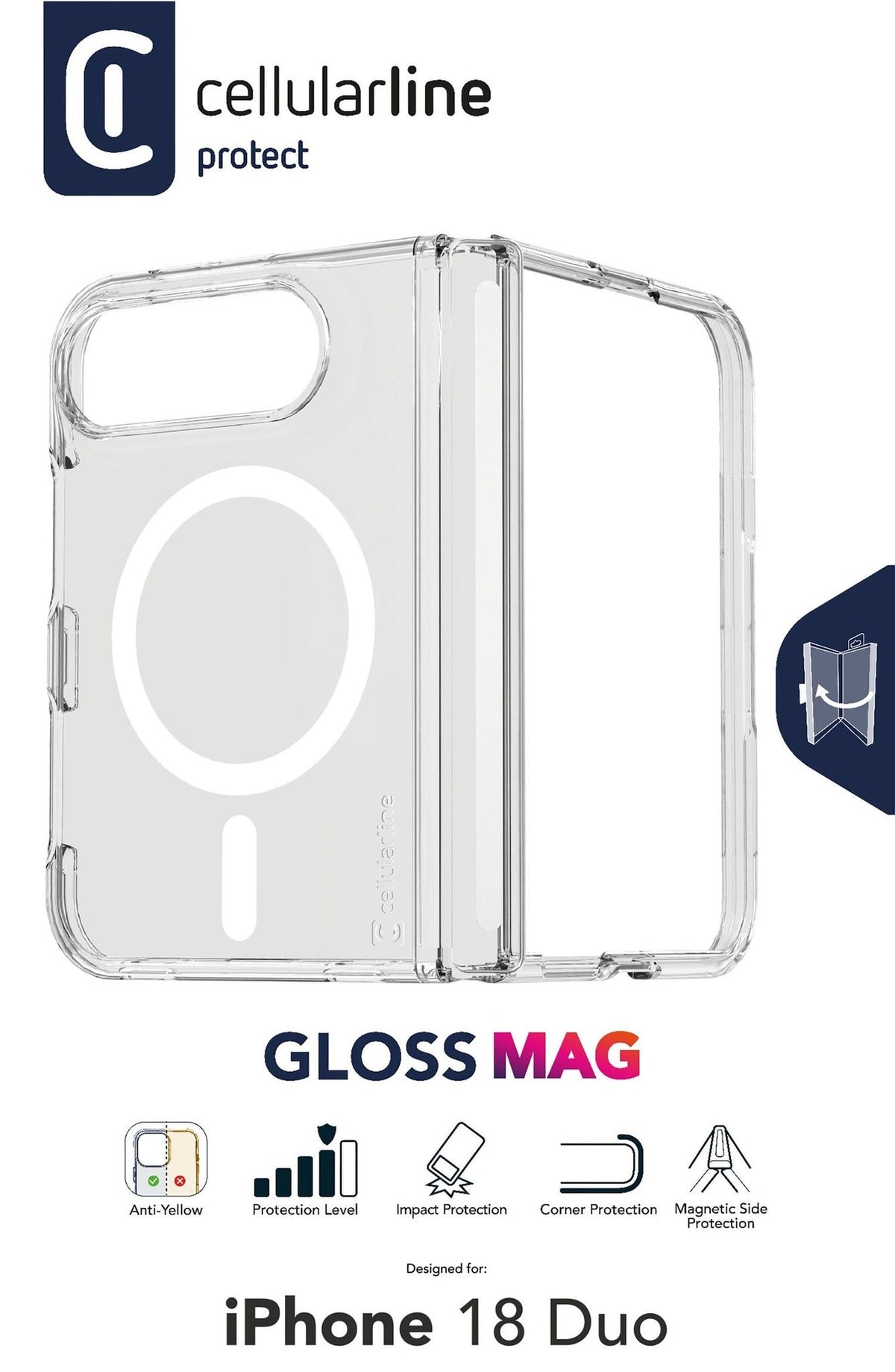 Cellularline Gloss MagSafe Case for iPhone Duo - Transparent - Model GLOSSMAGIPH18FLDT