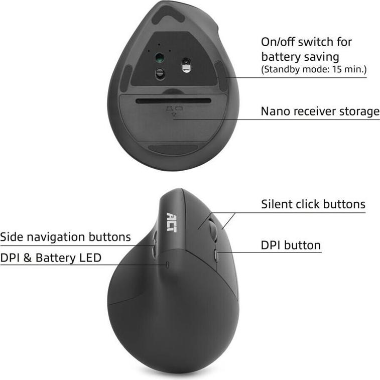 ACT Ergonomic Wireless Mouse 1600 DPI Vertical Grip Eco-Friendly AC5102