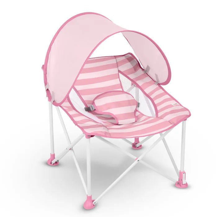 BRIGHT STARS Transat bébé pliable Rose Pop 'N Chill, pare soleil SPF +50 et sac de transport inclus