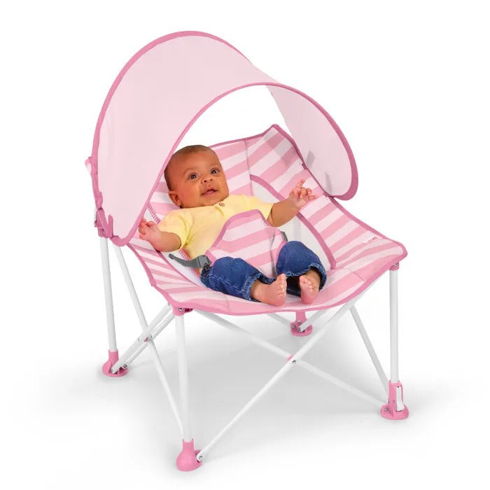 BRIGHT STARS Transat bébé pliable Rose Pop 'N Chill, pare soleil SPF +50 et sac de transport inclus