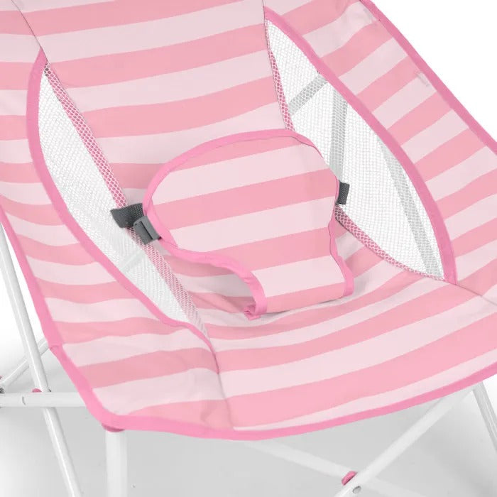 BRIGHT STARS Transat bébé pliable Rose Pop 'N Chill, pare soleil SPF +50 et sac de transport inclus