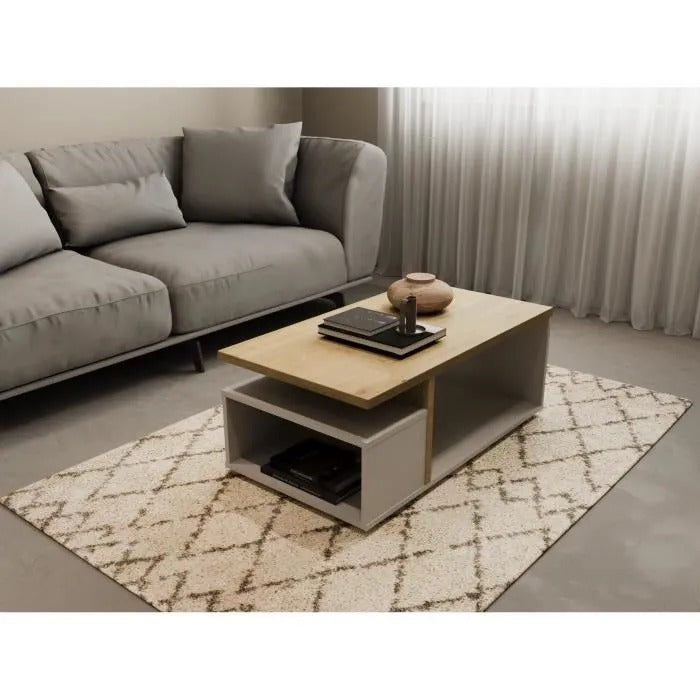 ACCESS Rectangular Coffee Table - 3 Niches - Hamilton Oak and White Decor - 91.8 x 50 x 36 cm