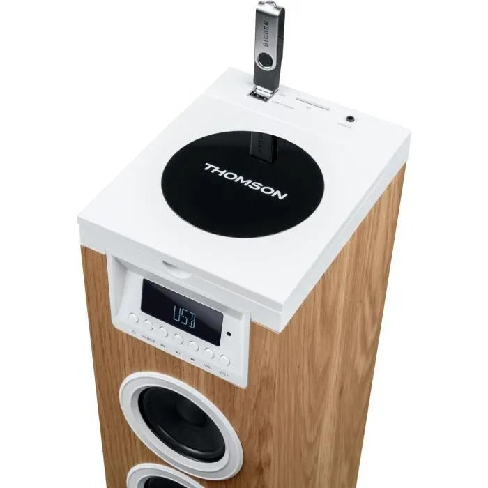 THOMSON Speaker Tower Bluetooth/CD/USB/SD 60W FM Radio White/Wood