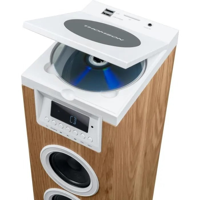 THOMSON Speaker Tower Bluetooth/CD/USB/SD 60W FM Radio White/Wood