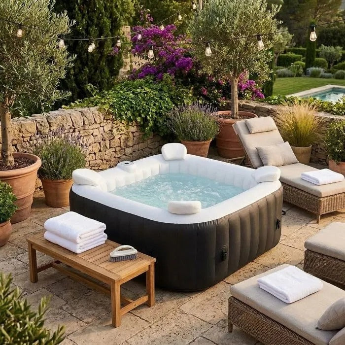 ALL-INCLUSIVE SUNSPA KIT: 6-person square inflatable spa and accessories: 4 headrests, filter, skimmer net, brush, mat, cover