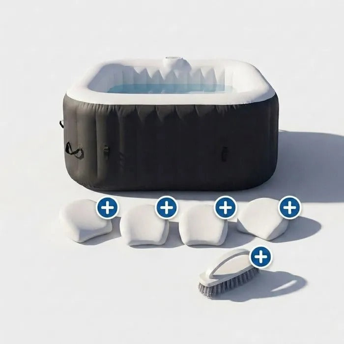 ALL-INCLUSIVE SUNSPA KIT: 6-person square inflatable spa and accessories: 4 headrests, filter, skimmer net, brush, mat, cover