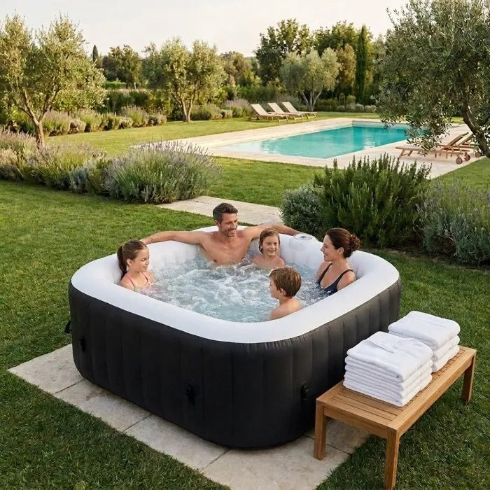 ALL-INCLUSIVE SUNSPA KIT: 6-person square inflatable spa and accessories: 4 headrests, filter, skimmer net, brush, mat, cover