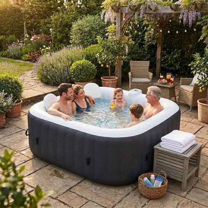 ALL-INCLUSIVE SUNSPA KIT: 6-person square inflatable spa and accessories: 4 headrests, filter, skimmer net, brush, mat, cover