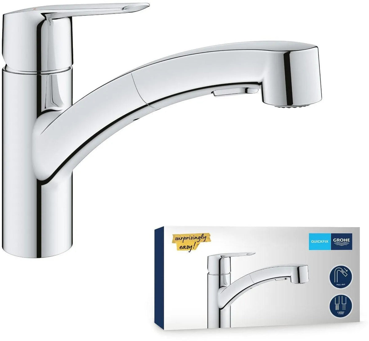 GROHE QUICKFIX Start Kitchen Sink Tap - Pull-Out Spray Head - 2-Spray Diverter - 90° Swivel - 30531001