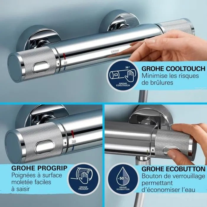 GROHE Shower Set with Thermostatic Mixer 3-Jet Head 60 cm Bar 1.75 m Hose - Model 34791001