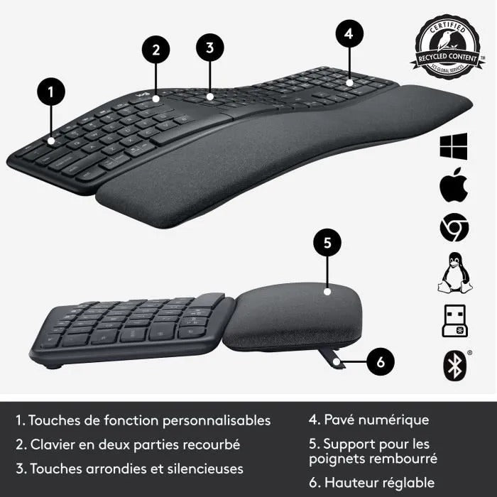 Logitech Wireless Keyboard - ERGO K860 - AZERTY - Ergonomic with Wrist Rest - Black