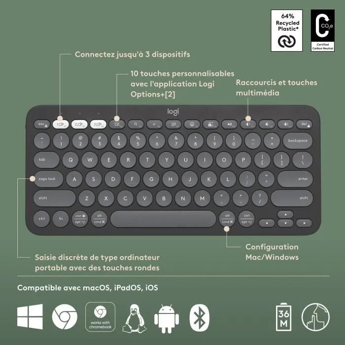 Logitech Pebble Keys 2 K380s Wireless Keyboard - Easy-Switch - Graphite