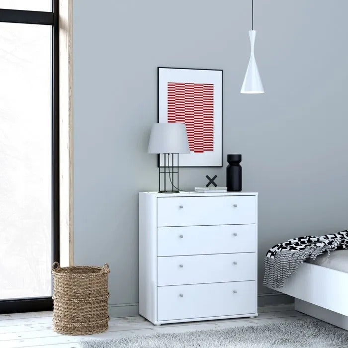 TEMPRA Chest of Drawers - 4 Drawers - White Finish - W73.7 x D34.8 x H85.5 cm 4-Drawer