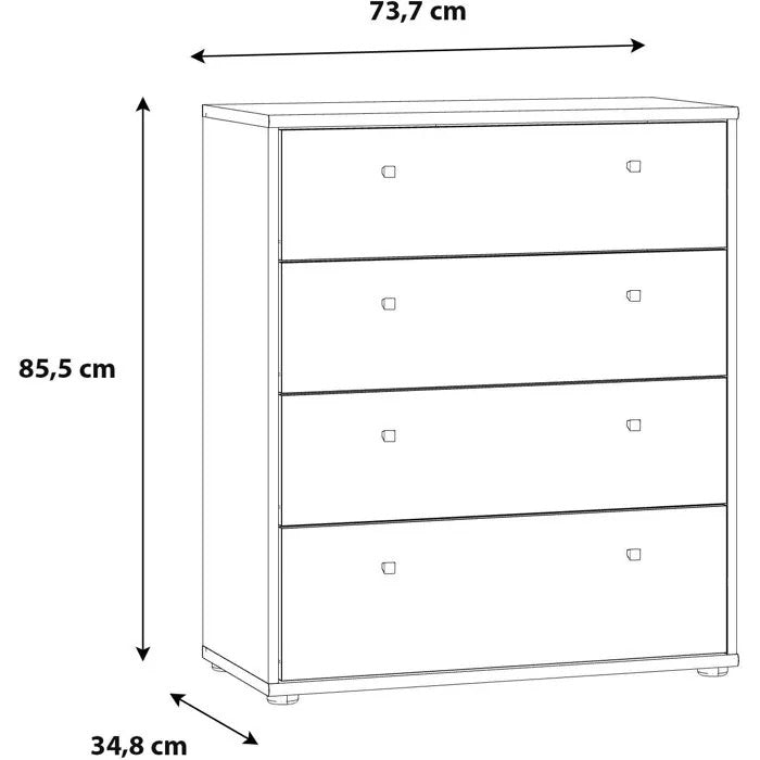 TEMPRA Chest of Drawers - 4 Drawers - White Finish - W73.7 x D34.8 x H85.5 cm 4-Drawer