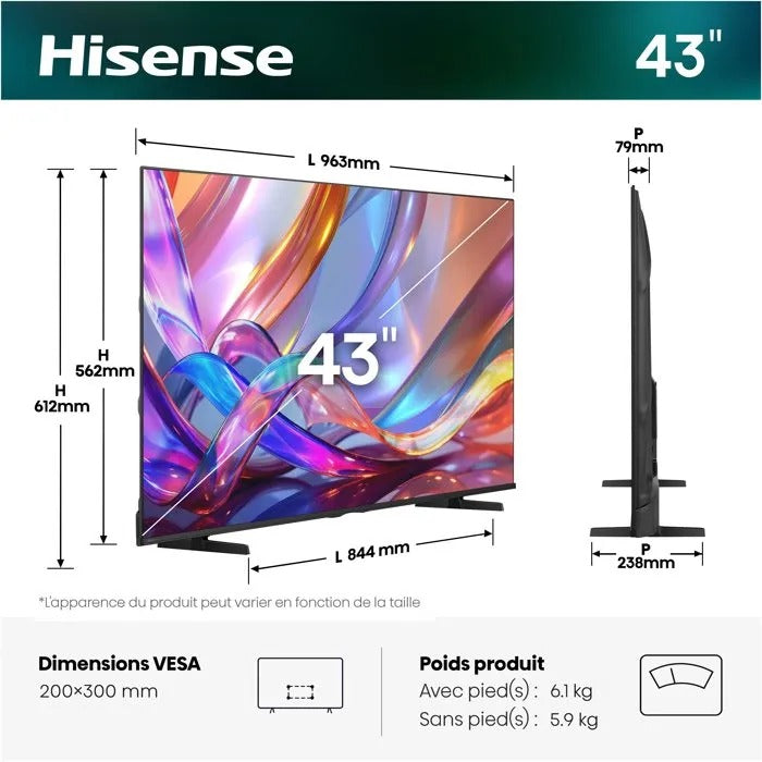 HISENSE 43E7S 4K Ultra HD Smart TV - 109.2 cm - Black