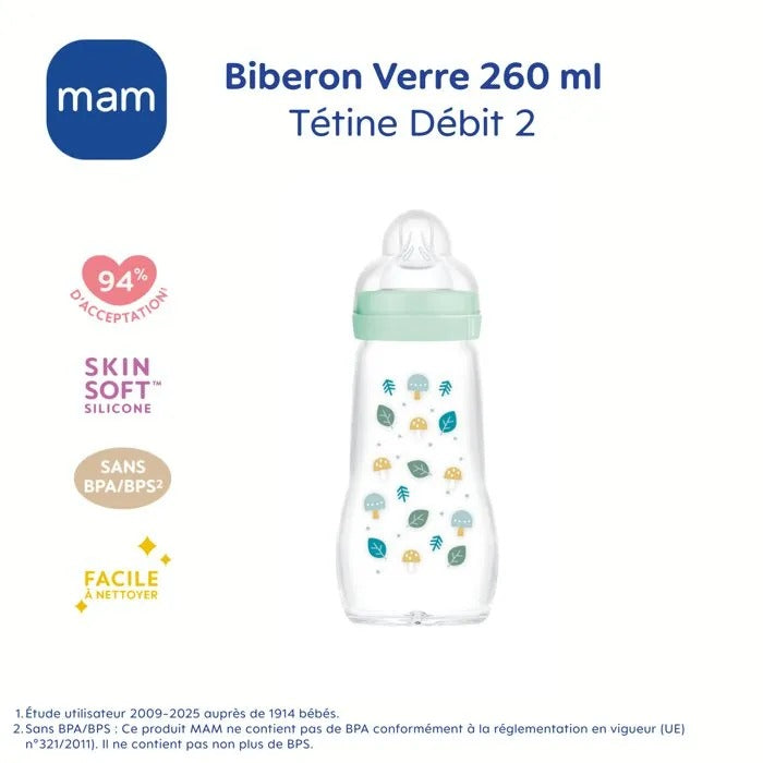 MAM Glass Bottle - 260 ml - 0 to 6 Months - Teat Flow 2 - Blue
