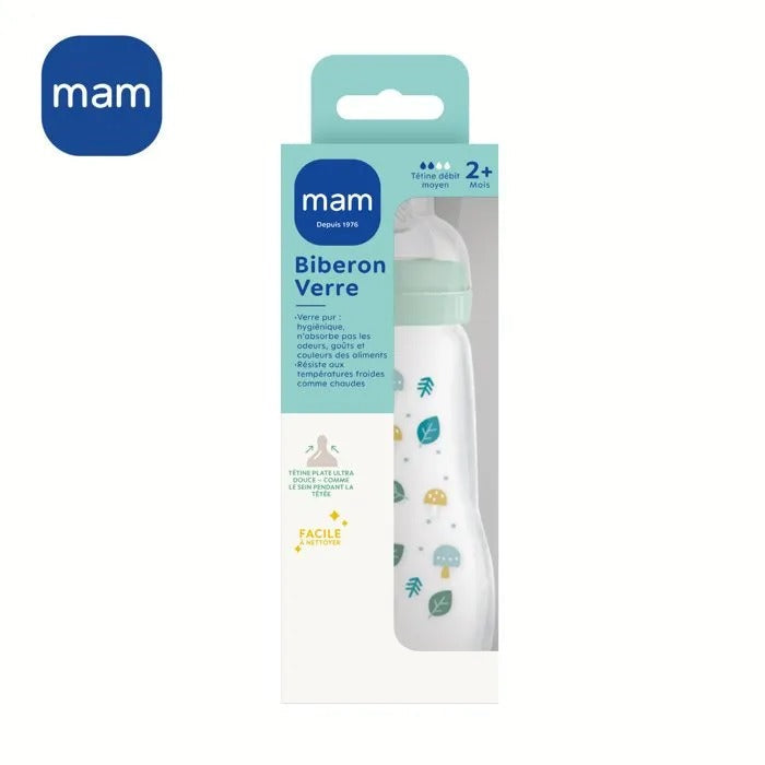 MAM Glass Bottle - 260 ml - 0 to 6 Months - Teat Flow 2 - Blue
