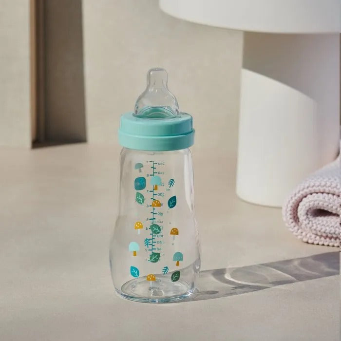 MAM Glass Bottle - 260 ml - 0 to 6 Months - Teat Flow 2 - Blue