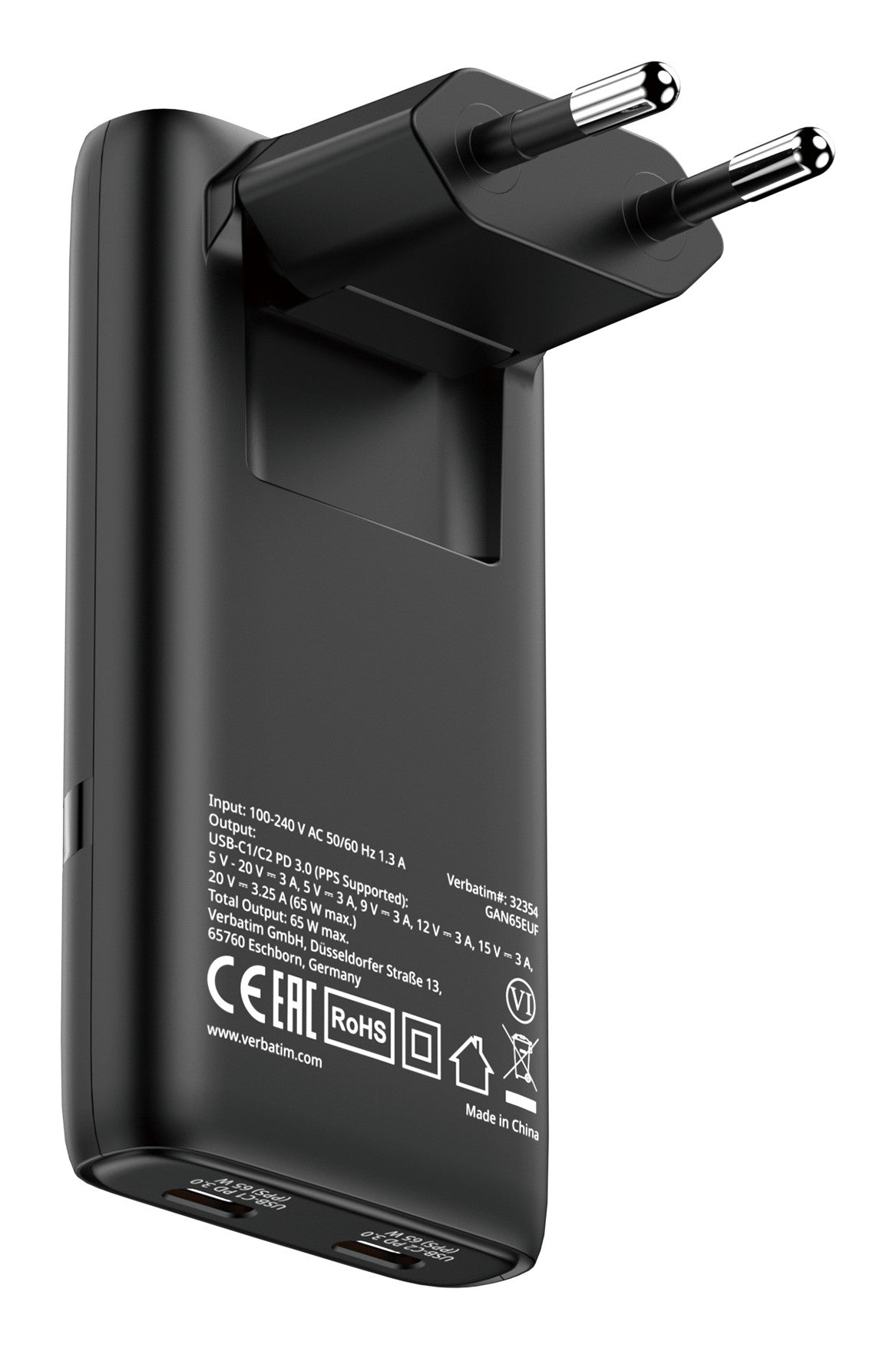 Verbatim GaN III Fold´n´ Go Charger 2 Port 65W USB-C black (32354)